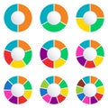 Wheel infographics template. Pie chart set with 2,3,4,5,6,7,8,9 and 10 parts or sections. Circle diagram, graph, business